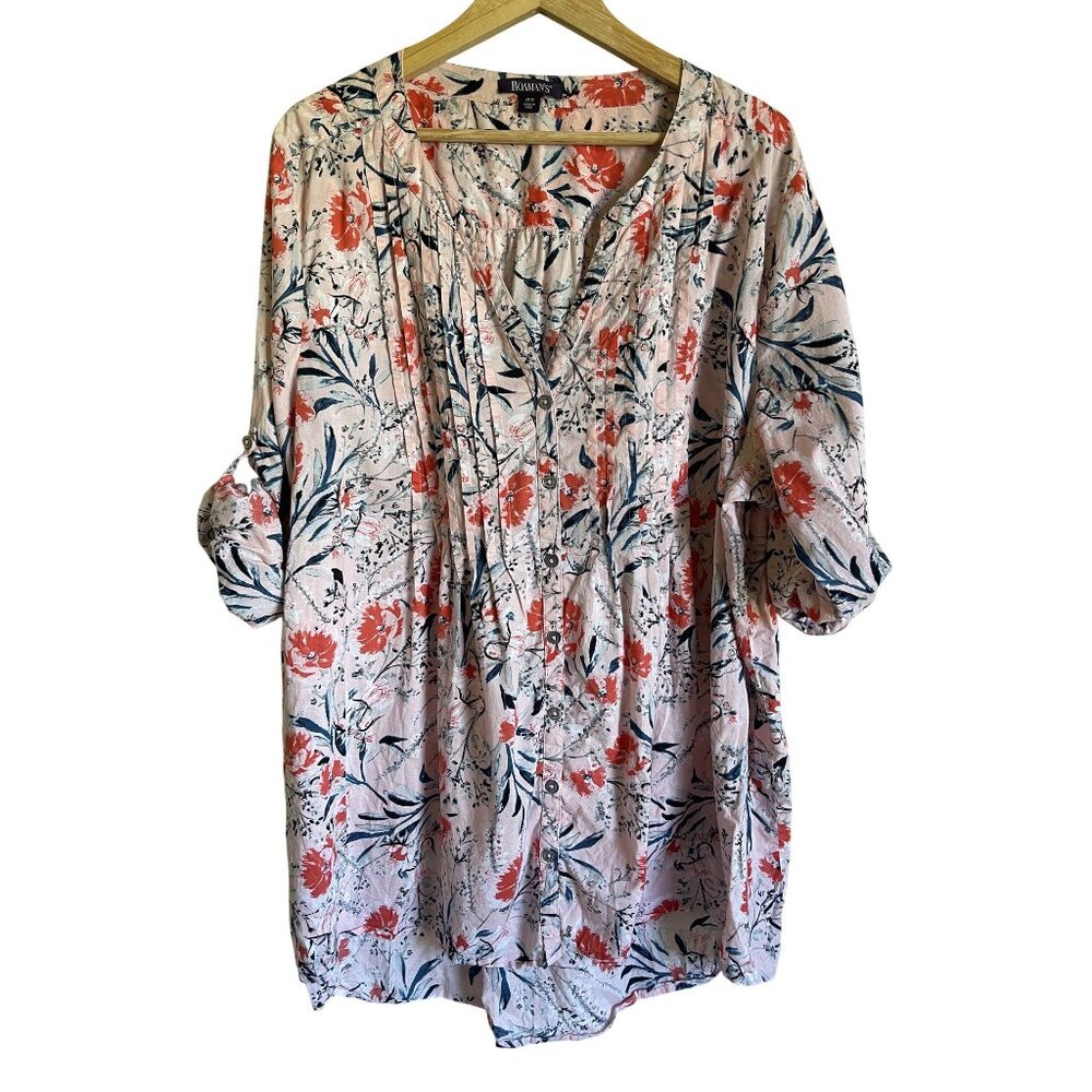 Roamans 28W Pink Floral Pintucked Tunic Top Made in India Button Front Roll Tab